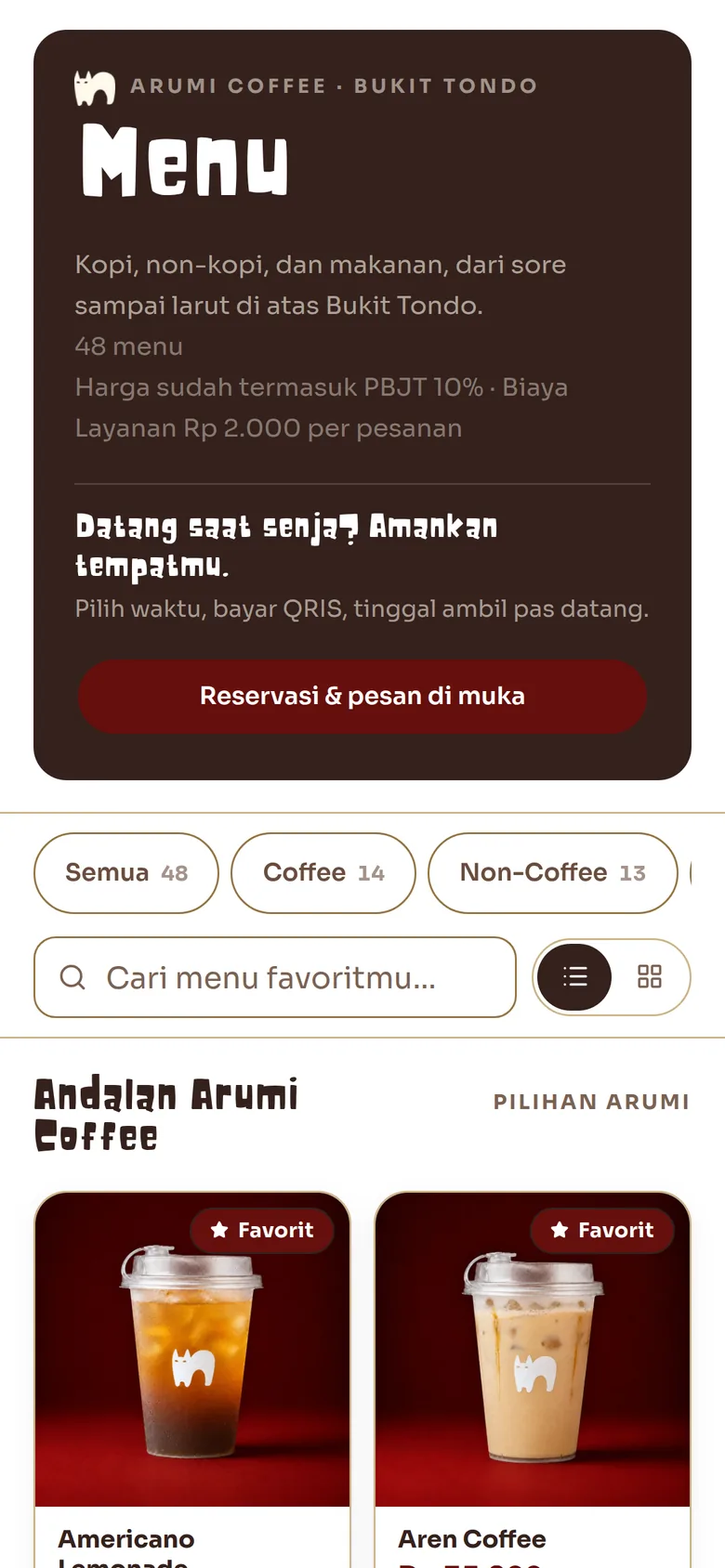 Menu tamu Arumi Coffee di ponsel