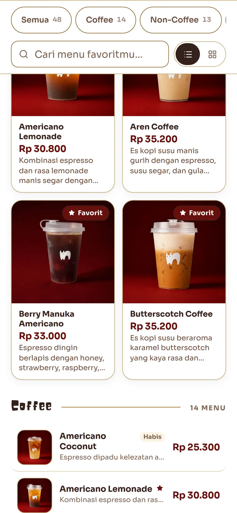 Daftar menu dengan foto dan harga