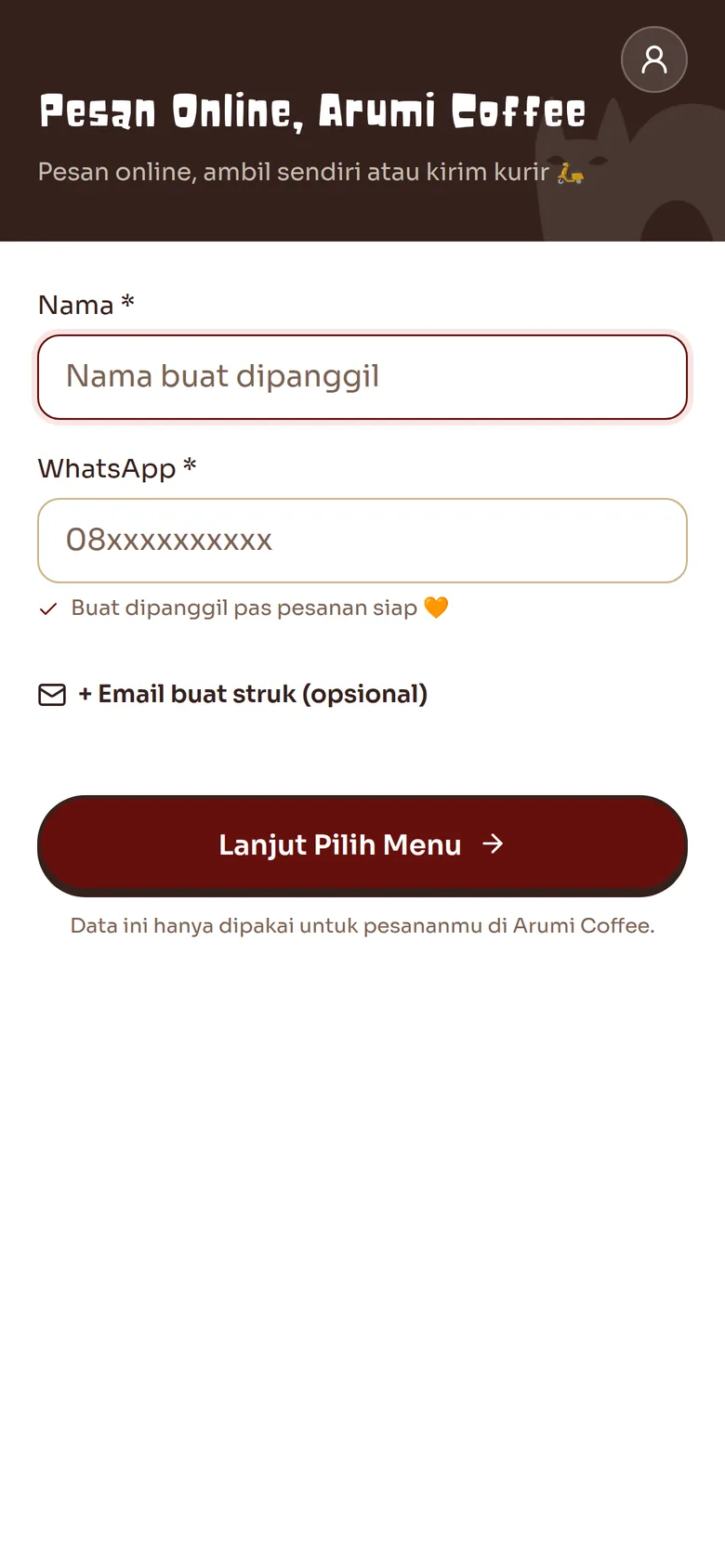 Formulir pesan online untuk diambil