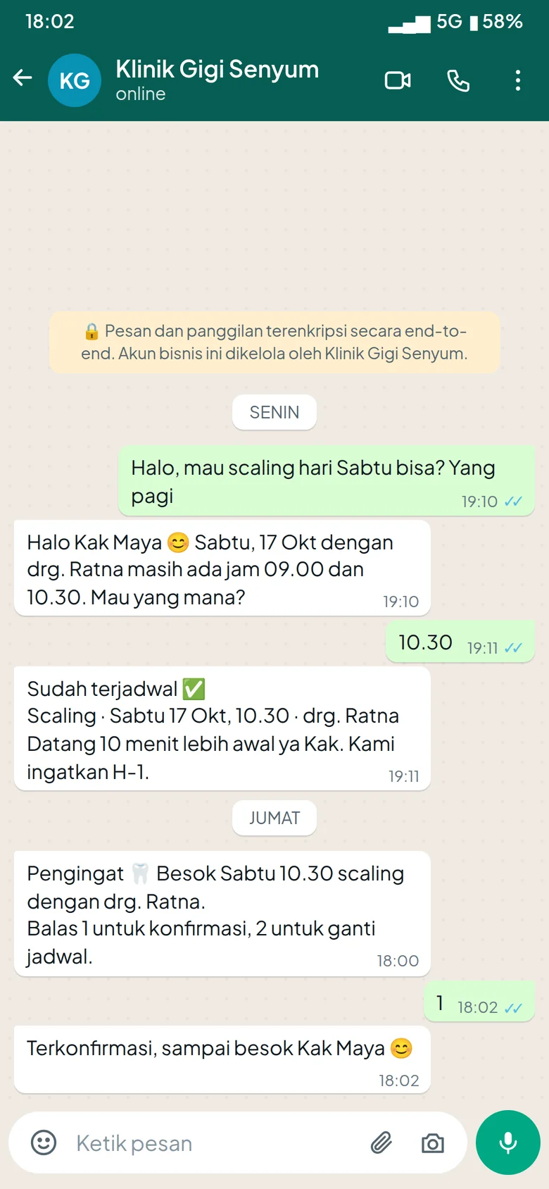 Chat WhatsApp klinik gigi: janji temu dibuat, lalu pengingatnya dikirim H-1