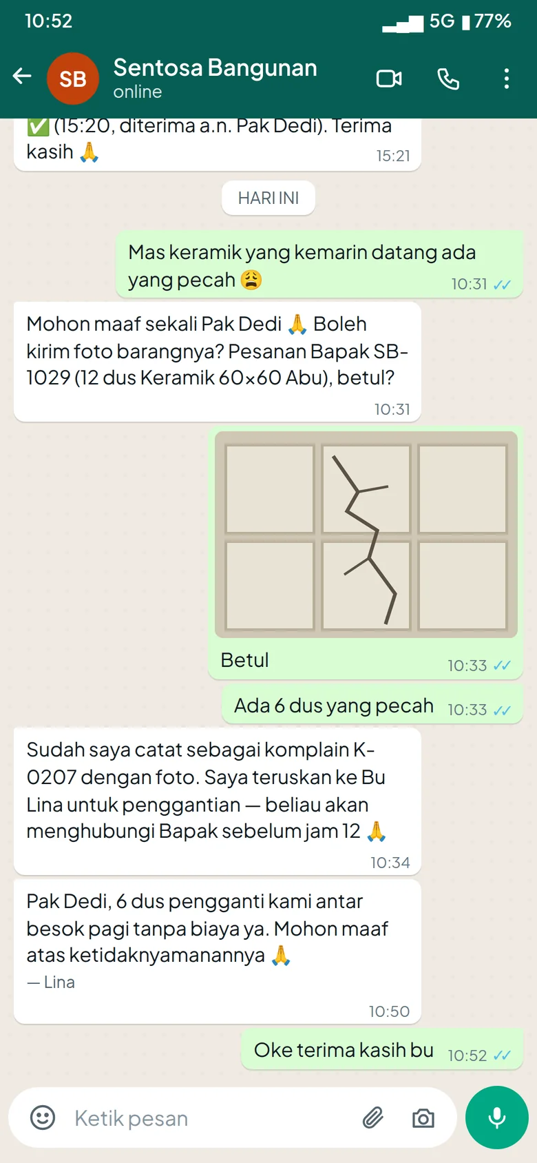 Chat WhatsApp: komplain dengan foto dicatat dan diteruskan ke staf