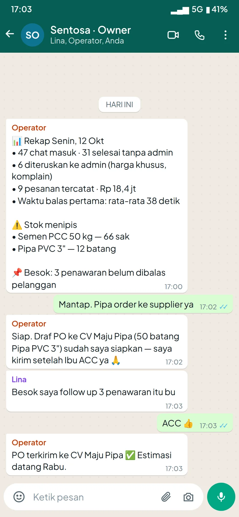 Grup WhatsApp: operator mengirim rekap harian dan menyiapkan PO