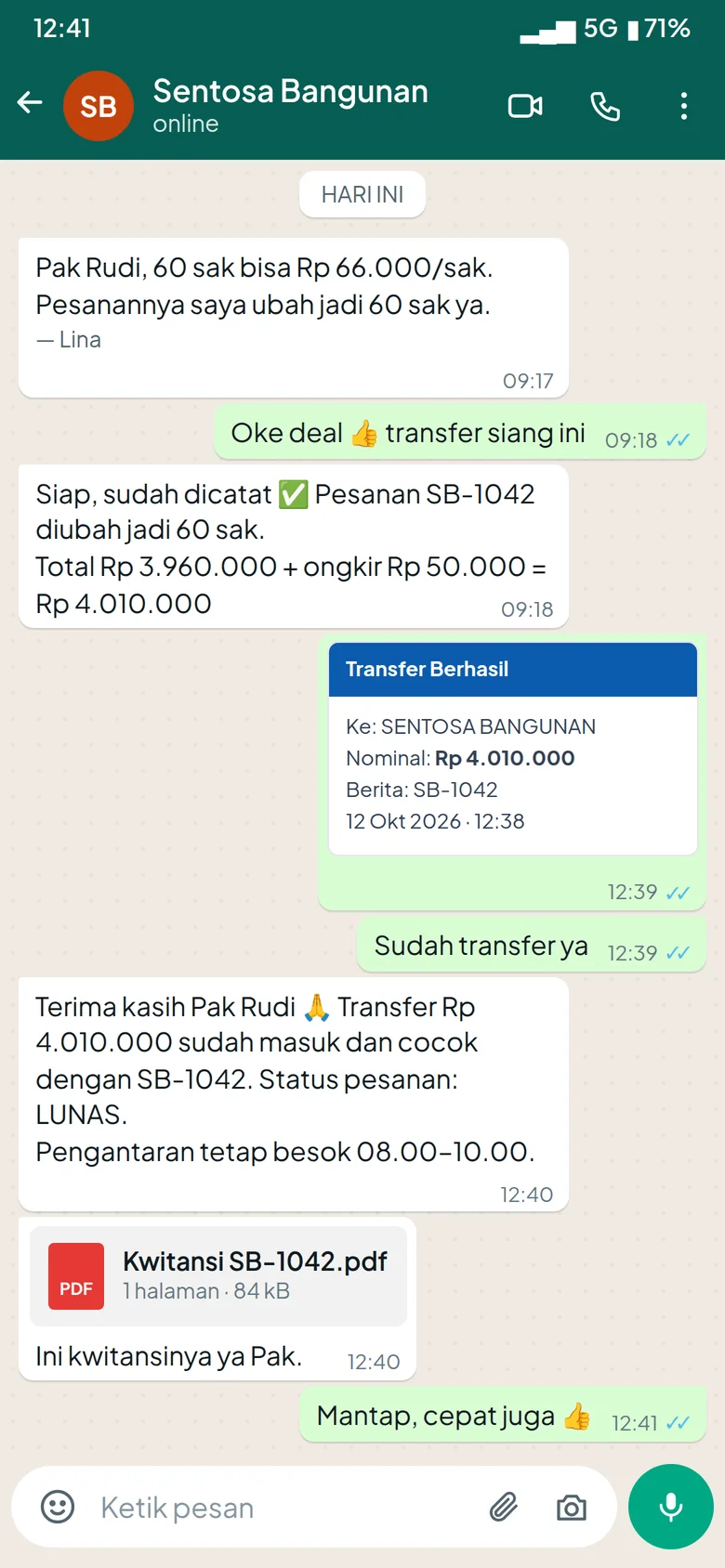 Chat WhatsApp: bukti transfer dicocokkan dengan pesanan dan kwitansi terkirim