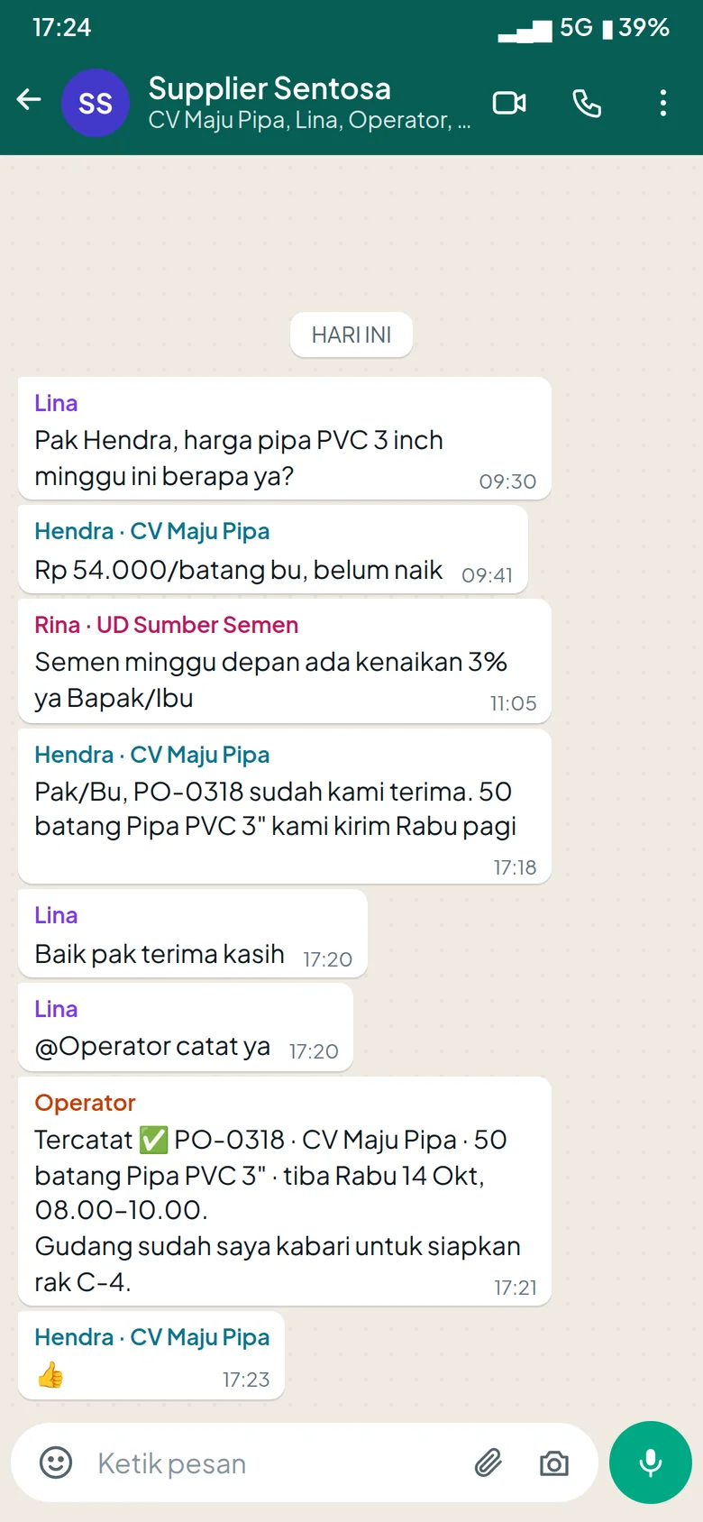 Grup WhatsApp supplier: operator diam, lalu mencatat jadwal kirim